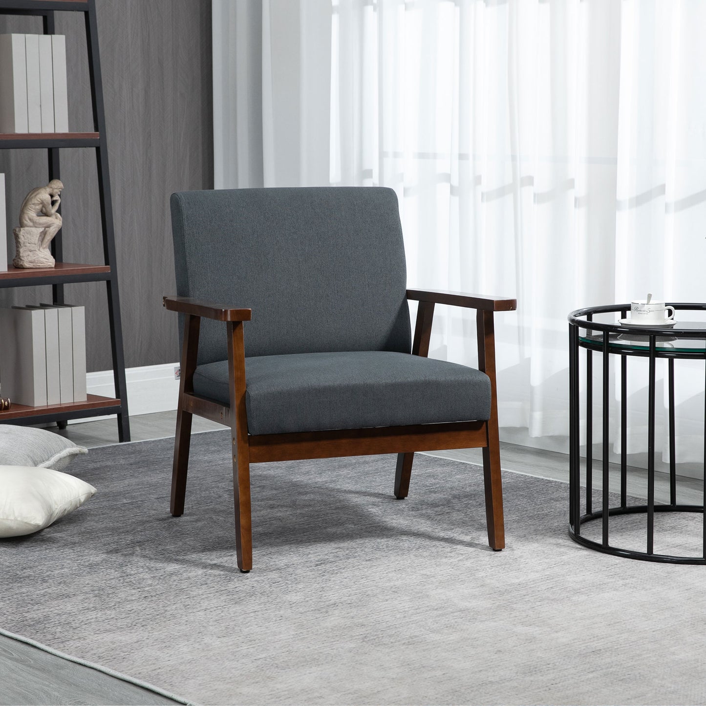 HOMCOM Modern Accent Chairs with Cushioned Seat, Upholstered Linen-Feel Armchair for Bedroom, Living Room, Dark Gray