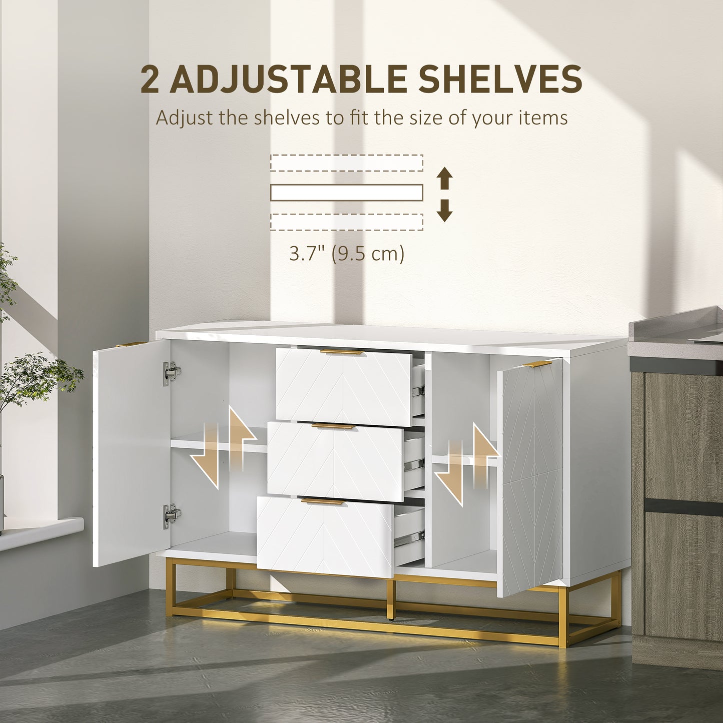 HOMCOM 47" Sideboard Buffet Cabinet with Storage, Contemporary Buffet Cabinet with Adjustable Shelves and Metal Legs, Kitchen Storage Cabinet with Elevated Base, White