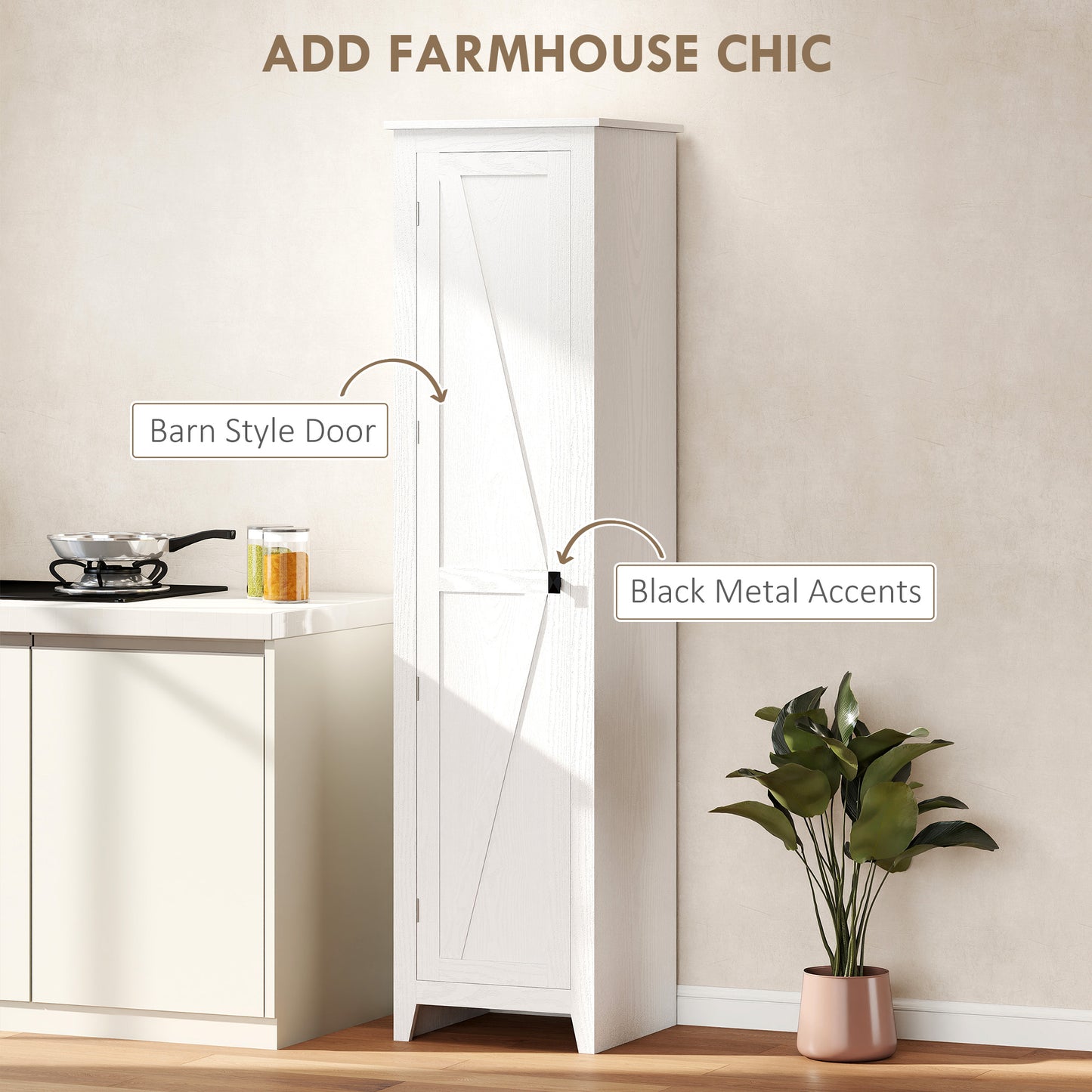 HOMCOM 48" Farmhouse Kitchen Pantry Storage Cabinet with Barn Door, Kitchen Pantry Cabinet with Adjustable Shelves, Natural