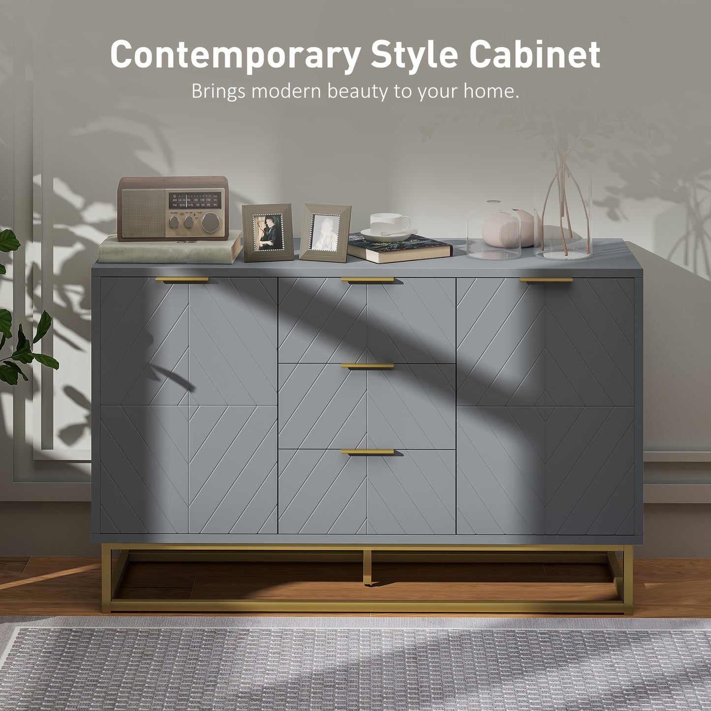 HOMCOM 47" Sideboard Buffet Cabinet with Storage, Contemporary Buffet Cabinet with Adjustable Shelves and Metal Legs, Kitchen Storage Cabinet with Elevated Base, White
