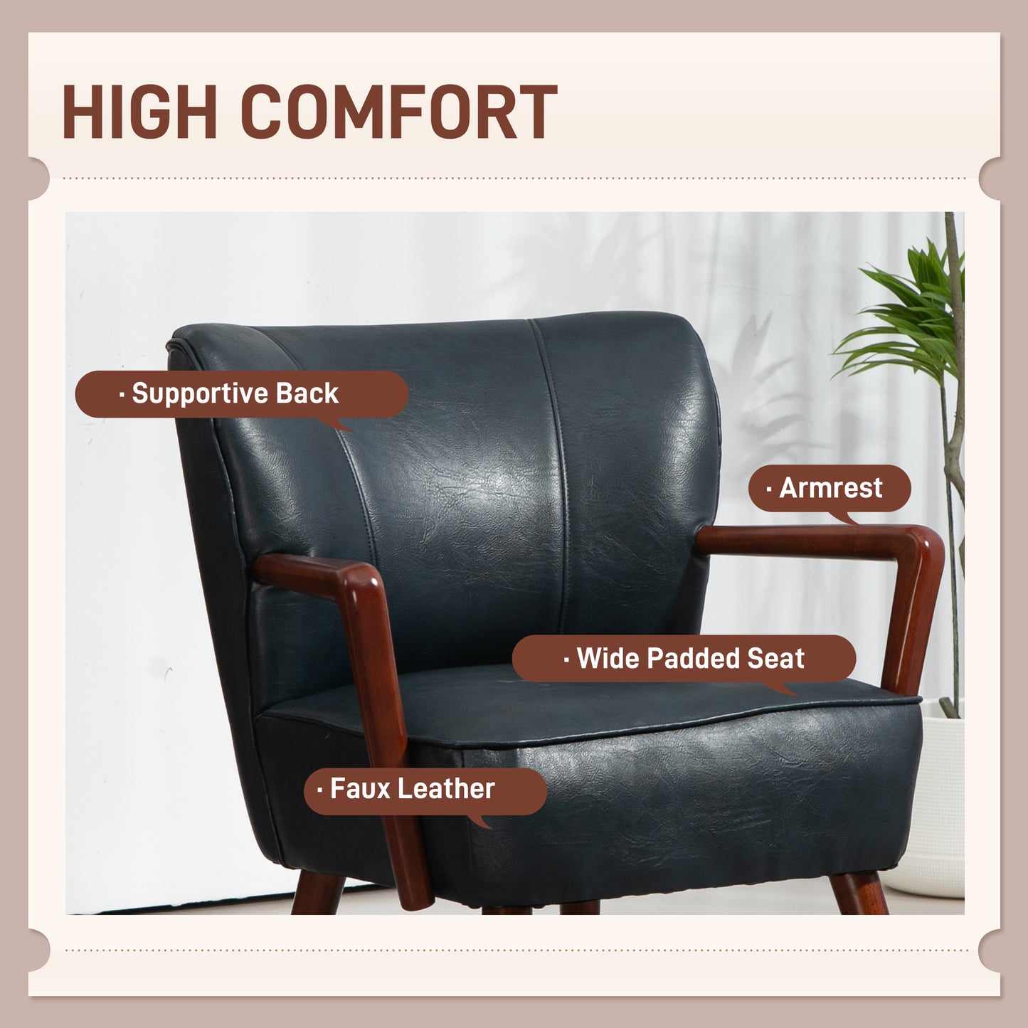 HOMCOM Accent Chair, Modern Armchair, Faux Leather Upholstered Living Room Chair with Wood Legs and Wide Padded Seat, Blue