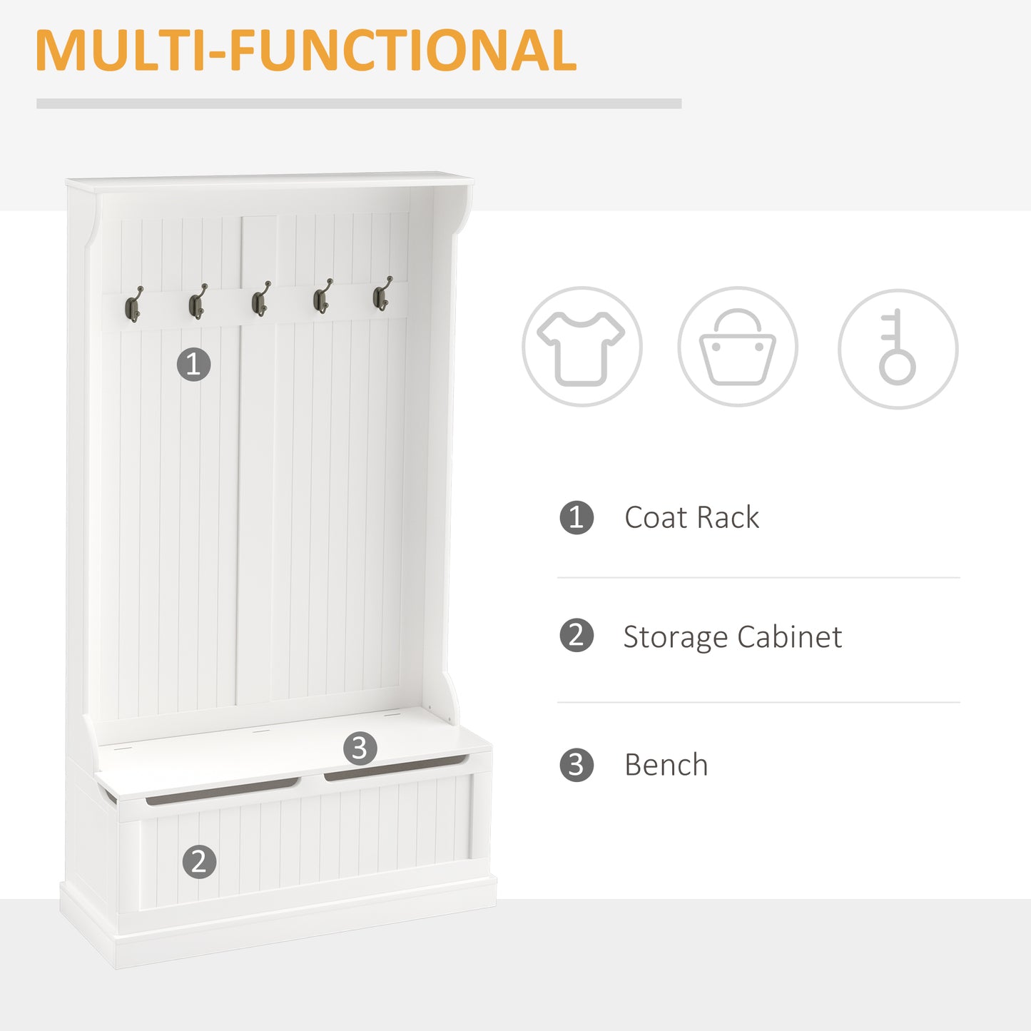 HOMCOM 3-In-1 Hall Tree w/ Coat Rack, Shoe Storage and Bench Seat, Entryway Bench w/ 4 Hooks for Hallway, Living Room, White