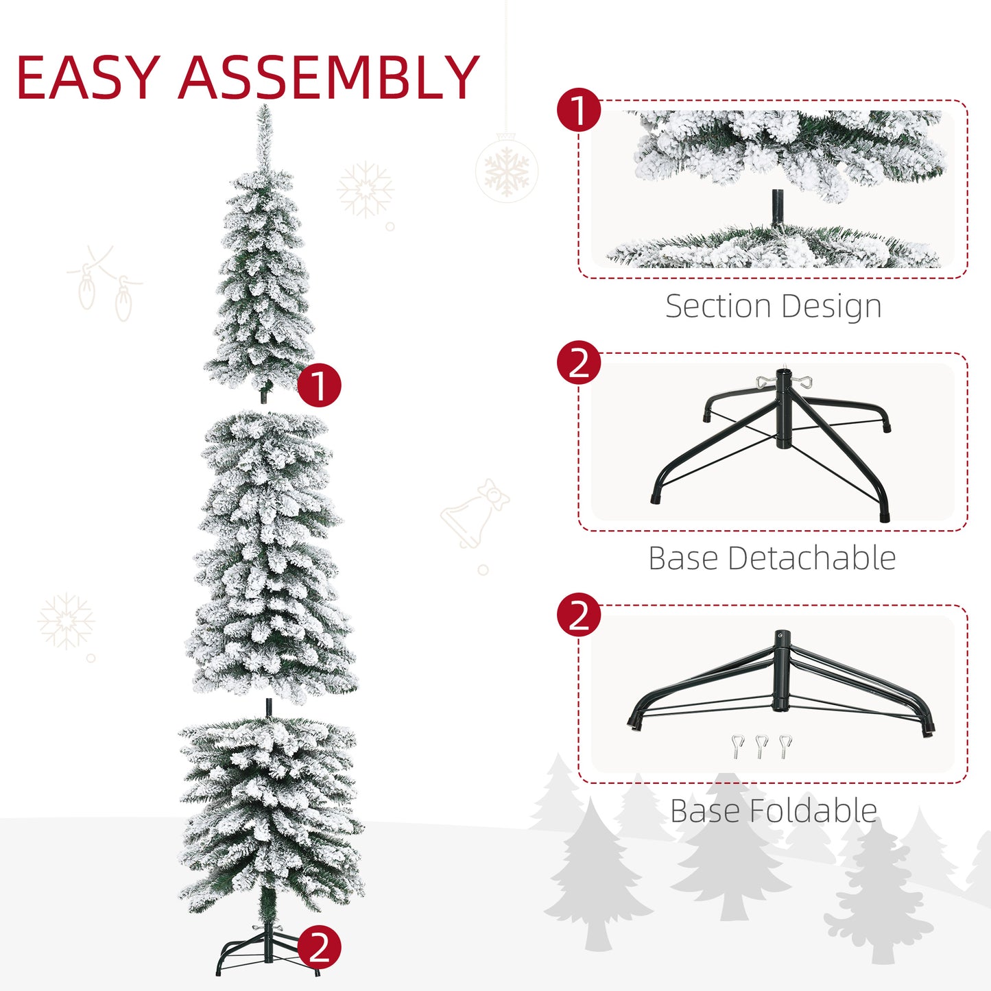 HOMCOM 6 Ft Snow-Flocked Artificial Christmas Tree, Slim Pencil Xmas Tree with Realistic Branches, Metal Base, Green