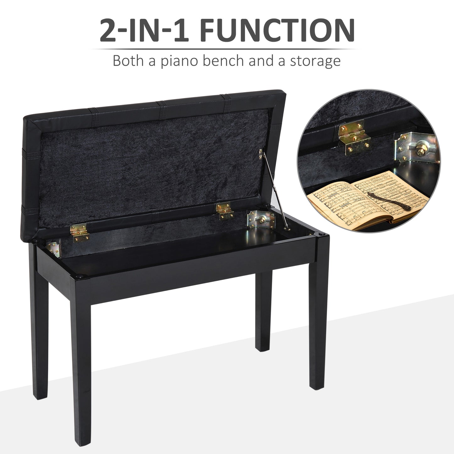 HOMCOM Classic Piano Bench Stool, PU Leather Padded Keyboard Seat with Rubber Wood Legs and Music Storage Compartment, Banded Seat, Black
