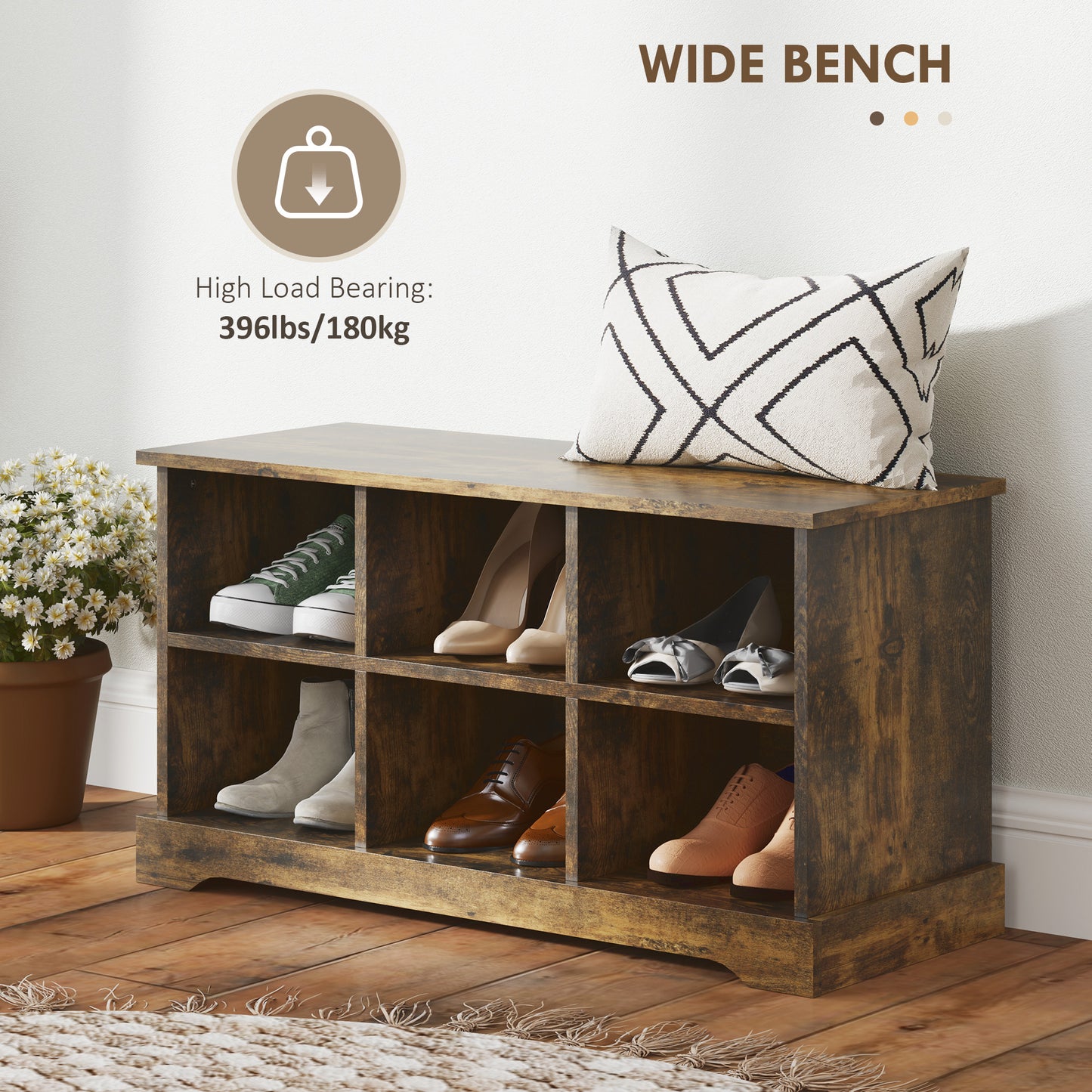 HOMCOM Coat Rack Shoe Bench Set, Entryway Shoe Bench with 8 Storage Cubbies, 4 Hooks for Hallway, Living Room, Rustic Brown