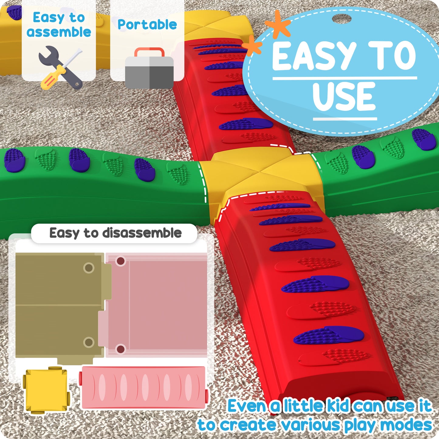 Outsunny 8pcs Balance Beam for Kids, 4 Sensory Pads and 4 Beams with Non-slip Surface & Bottom, Stackable Stepping Stones Kids for Boys Girls 3-6 Years, Multicoloured