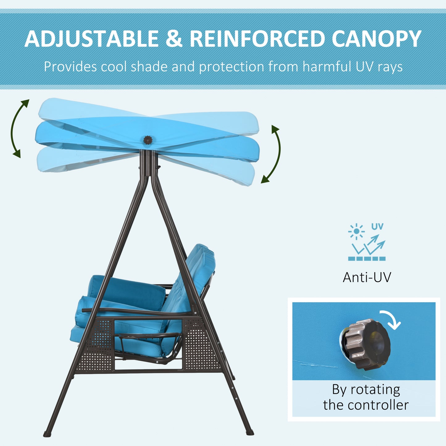 Outsunny Outdoor Patio 3-Person Steel Canopy Cushioned Seat Bench Swing with Included Side Trays & Padded Comfort, Light Blue