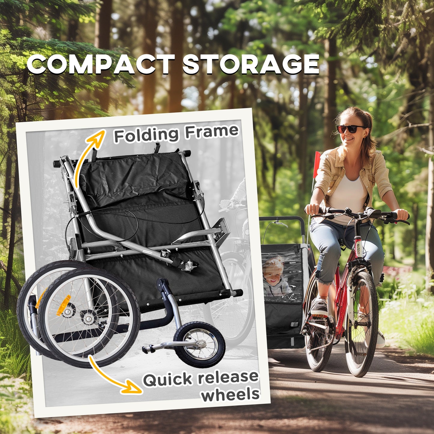 Aosom 2-in-1 Bike Trailer for Kids, Foldable 2-Seat Baby Stroller with 5-Point Harness, Rubber Wheels, Storage Bag, Black