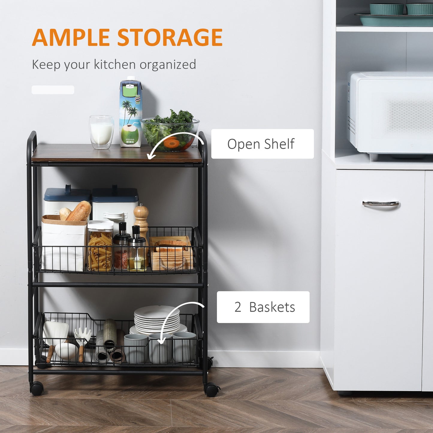 HOMCOM Rolling Kitchen Cart, 3-Tier Utility Storage Cart with 2 Basket Drawers & Side Hooks, Lockable Casters for Dining Room