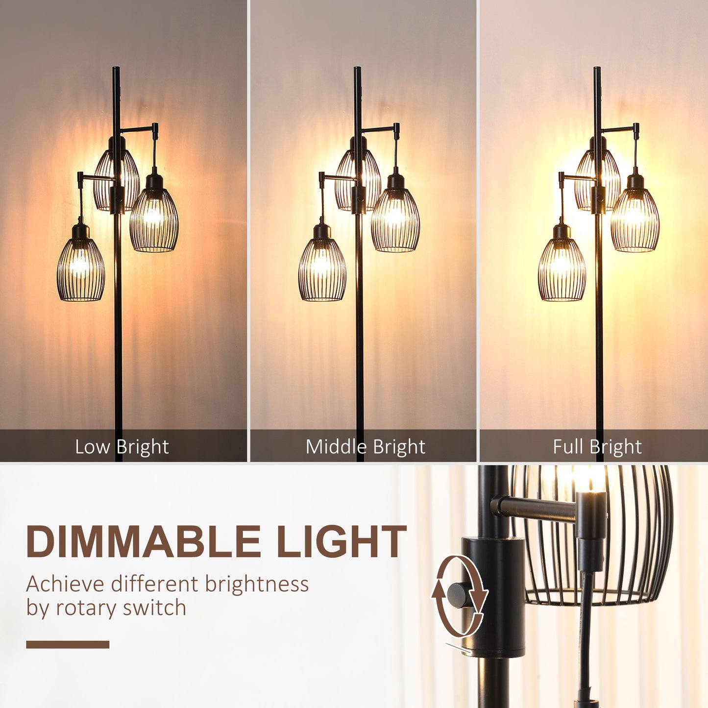 HOMCOM Arc Tree Floor Lamp with 5 Adjustable Rotating Lights, Modern Standing Gooseneck Reading Light for Living Room Bedroom Office, Satin Nickel