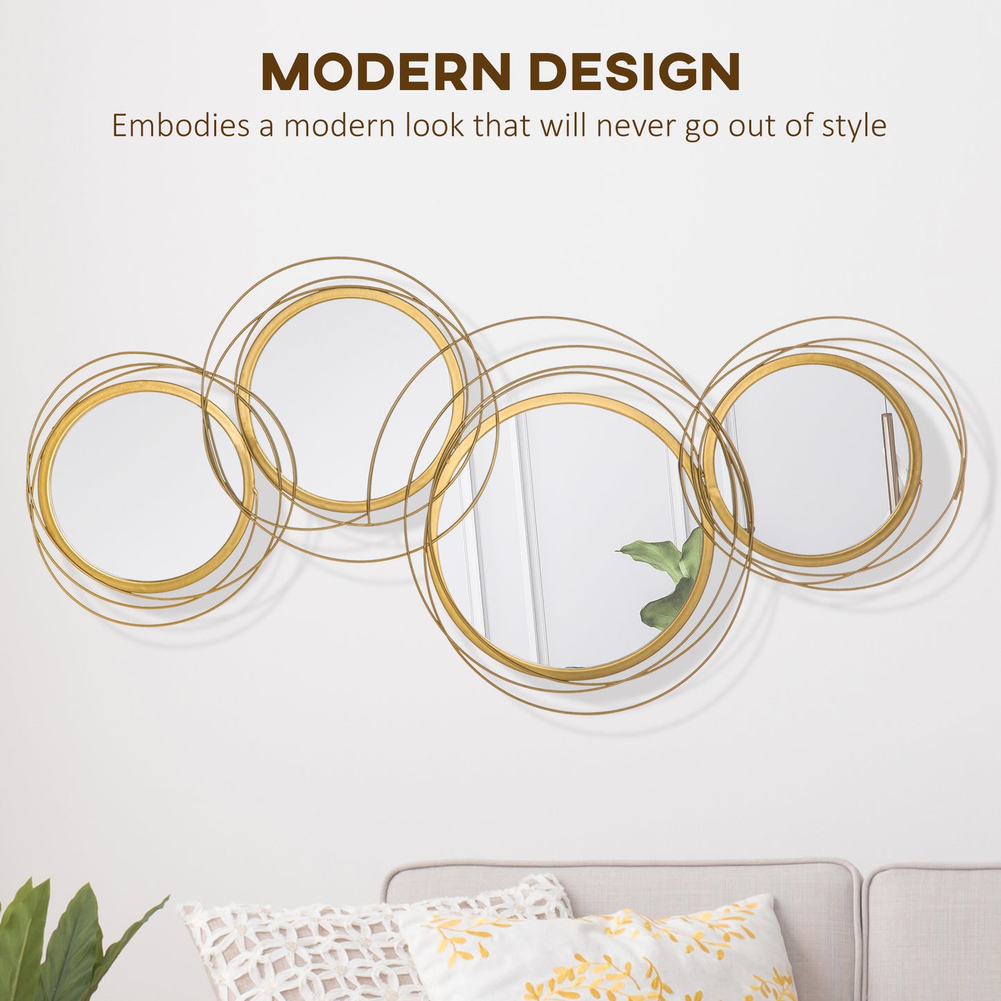 HOMCOM Metal Wall Art Gold Frame Circle Bathroom Mirror Decor Home Hanging Wall Sculptures for Living Room Bedroom Dining Room, 42.25" W x 22" H, Gold