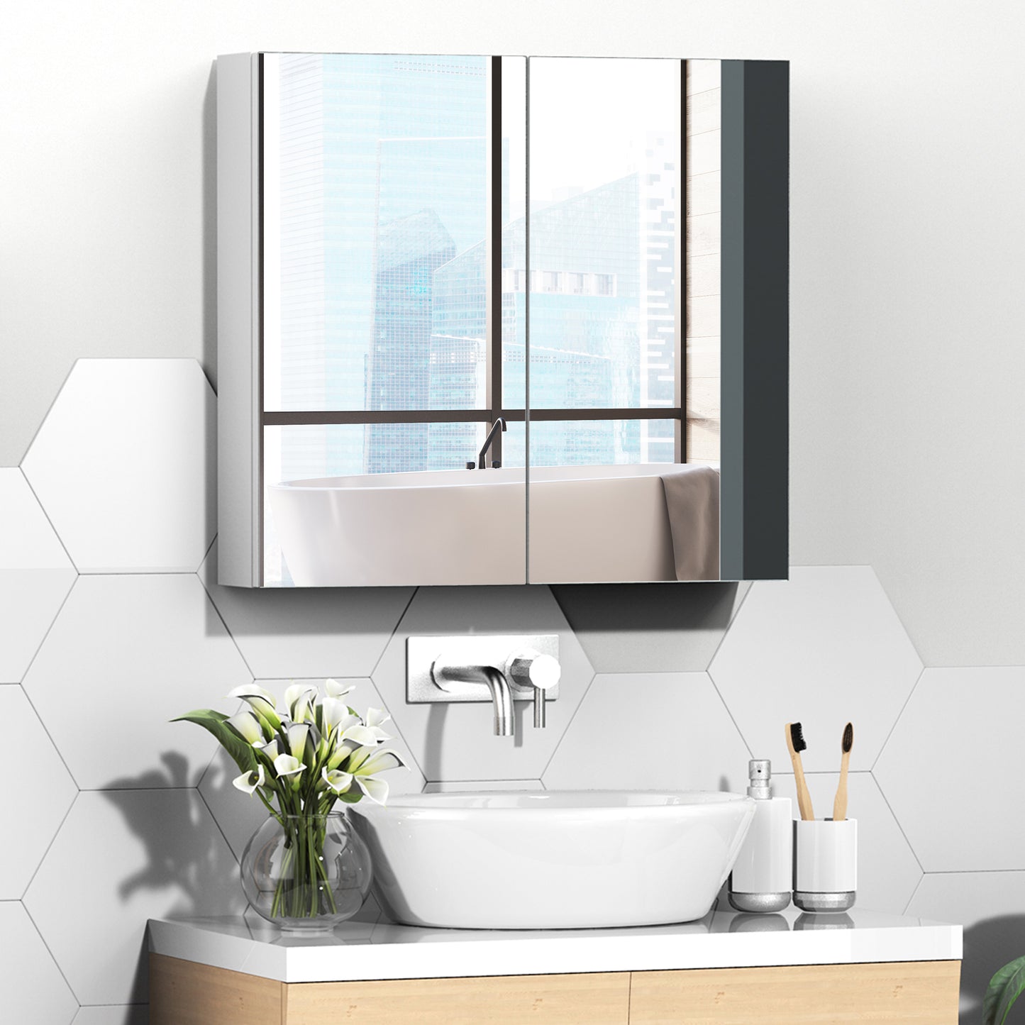 kleankin Wall Mounted Mirror Cabinet, Bathroom Medicine Cabinet with Mirror, 2 Doors and 3-tier Shelving, White