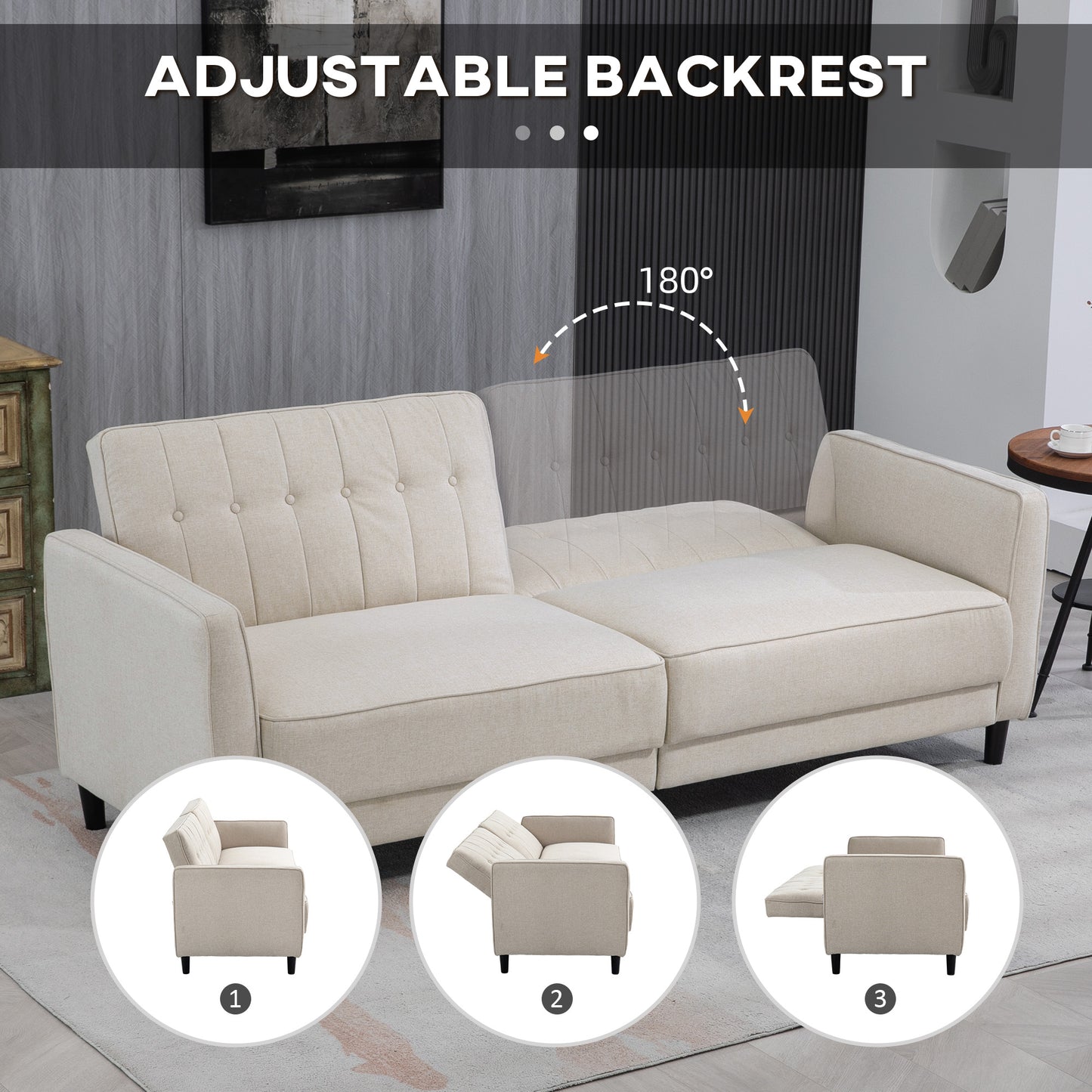 HOMCOM Convertible Bed with Couch, Button Tufted Fabric Sofa Bed with Adjustable Back for Living Room, Charcoal Grey
