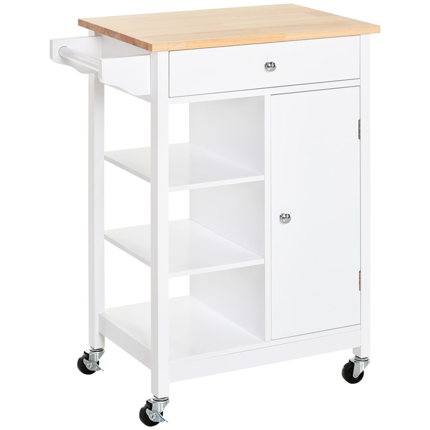 HOMCOM Modern Rolling Kitchen Island Cart with Drawer, Natural Wood Top, Towel Rack, Door Storage Cabinet, White