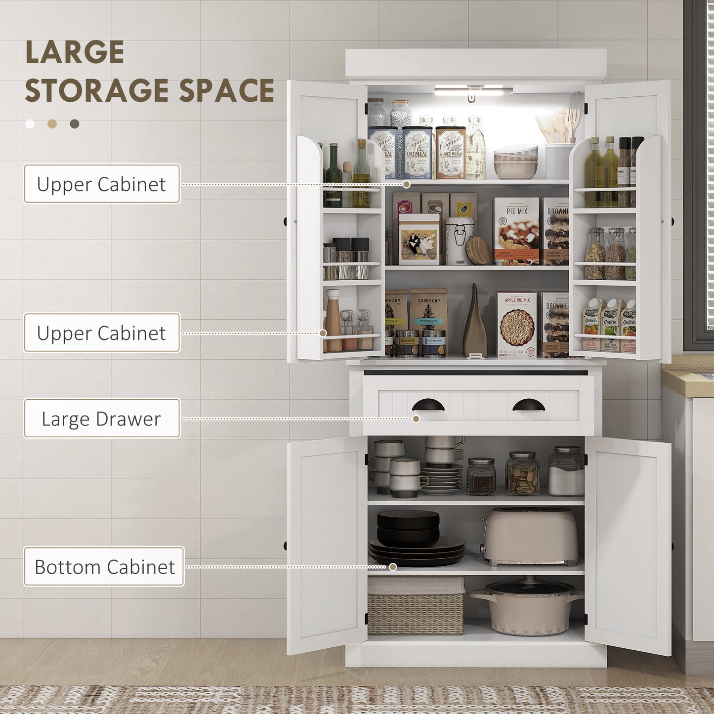 HOMCOM 71" Kitchen Pantry Cabinet with LED Lights, 6 Spice Racks, a Drawer and 4 Adjustable Shelves, White