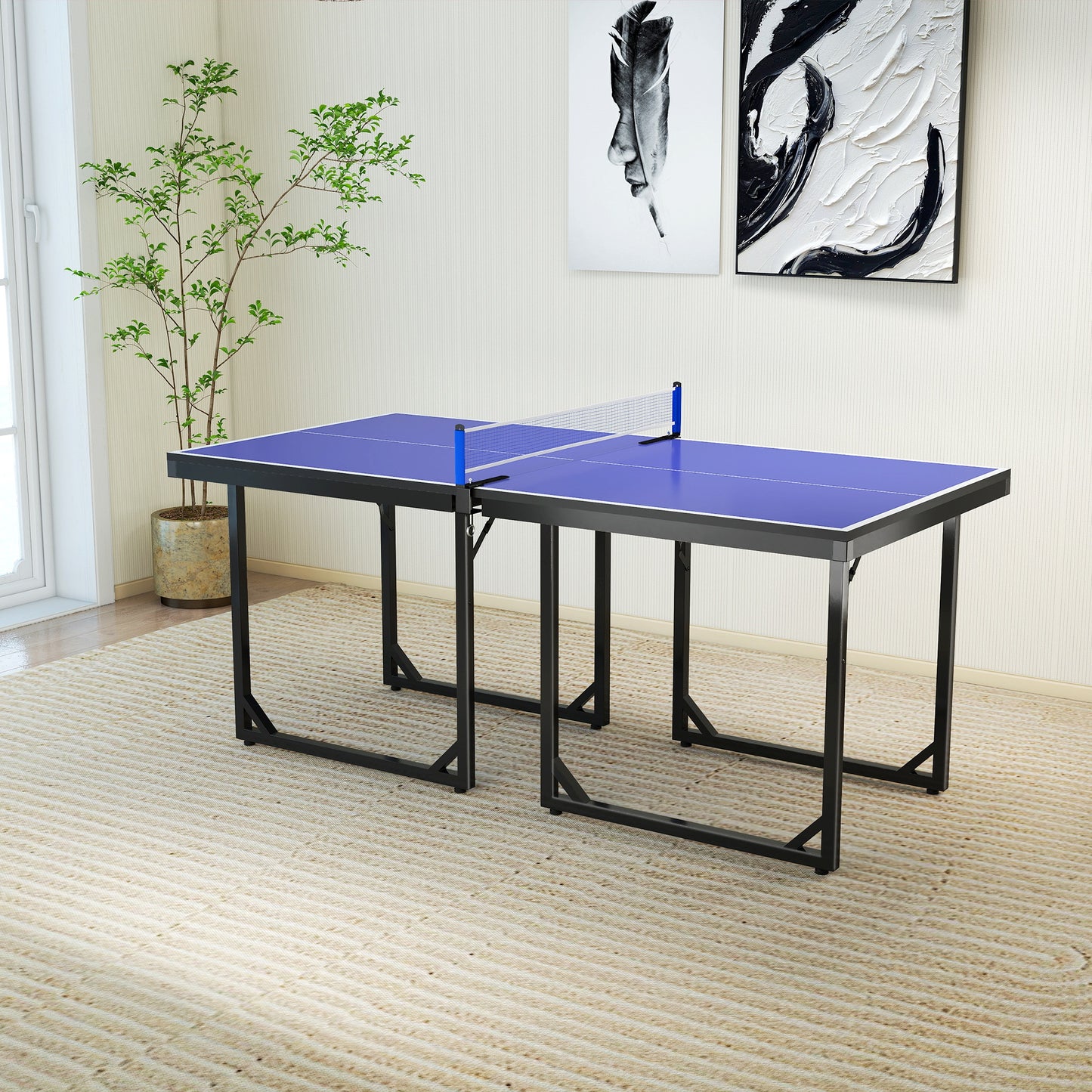 Soozier 6x3ft Compact Midsize Table Tennis Table Multi-Use Family Ping-pong Table Free Standing Folding Blue