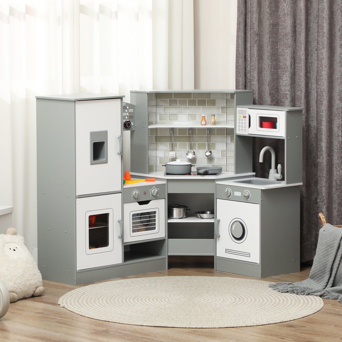 Qaba Corner Play Kitchen, Pretend Play Kitchen Set with Lights & Sounds, Stove Ice Maker Microwave Oven
