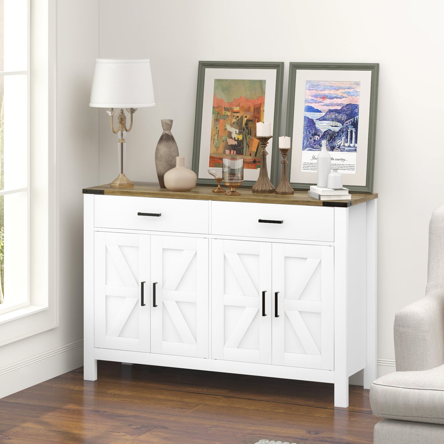 HOMCOM Farmhouse Buffet Cabinet Sideboard with 1 Drawer, 1 Storage Cabinet and Adjustable Shelf, White