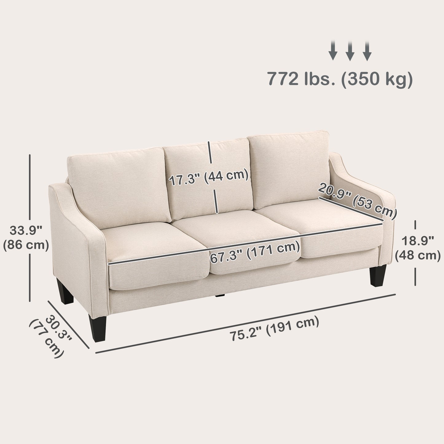 HOMCOM 3 Seater Sofa, Modern Couch with Pocket Spring, Linen Upholstered, Thick Padded, Beige