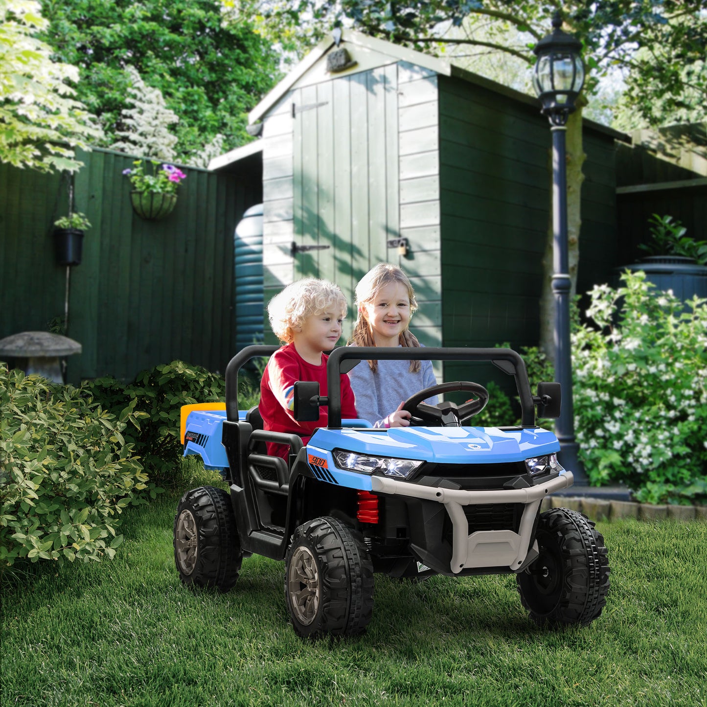 Aosom 12V Ride on Car with Electric Bucket, Two-Seater, Shovel, Remote Control, Spring Suspension, Horn, Music, Red