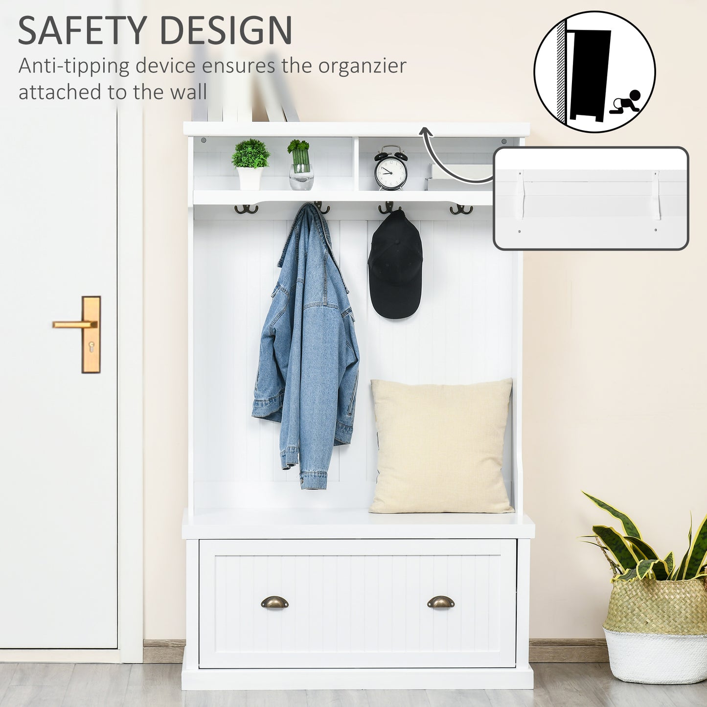 HOMCOM Modern Hall Tree, Coat Rack, Coat Stand With Shoe Storage Bench, 3-in-1 Wardrobe with 4 Double Hooks and 2 Shelves, Coat Hanger for Hallway, Living Room, White