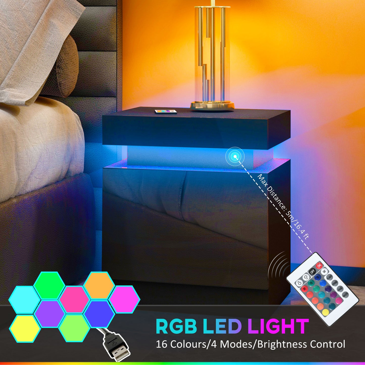 HOMCOM Nightstand, Bedside Table with LED Lights and 2 Drawers for Bedroom, Living Room, White