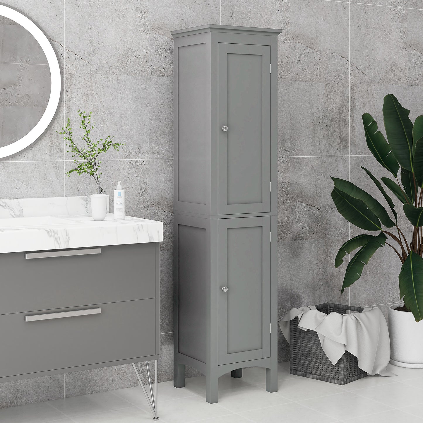 kleankin Tall Bathroom Cabinet, Freestanding Storage Organizer with Adjustable Shelves and Cupboards, 15" x 13" x 63", White