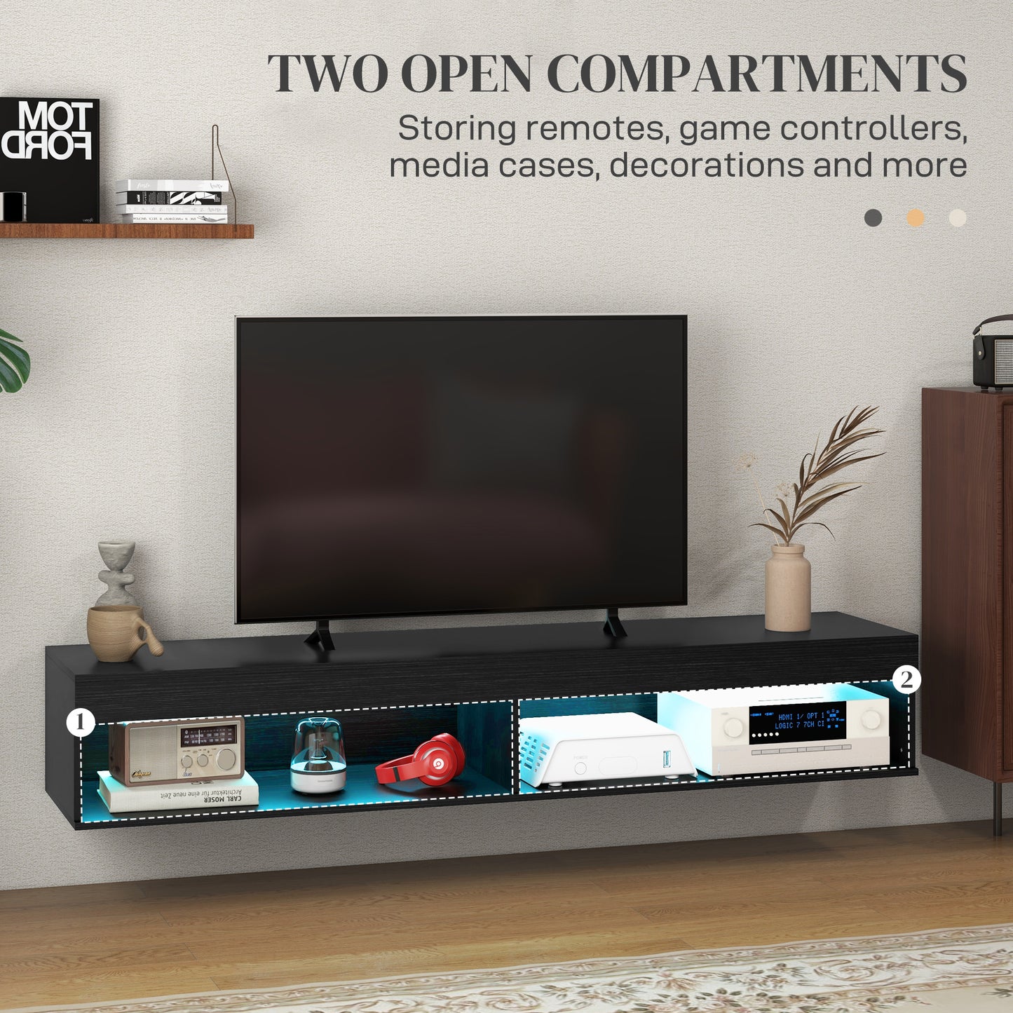 HOMCOM Modern Wall Mounted TV Stand with Storage and LED Lights for TVs up to 75", Floating TV Shelf for Living Room, Black