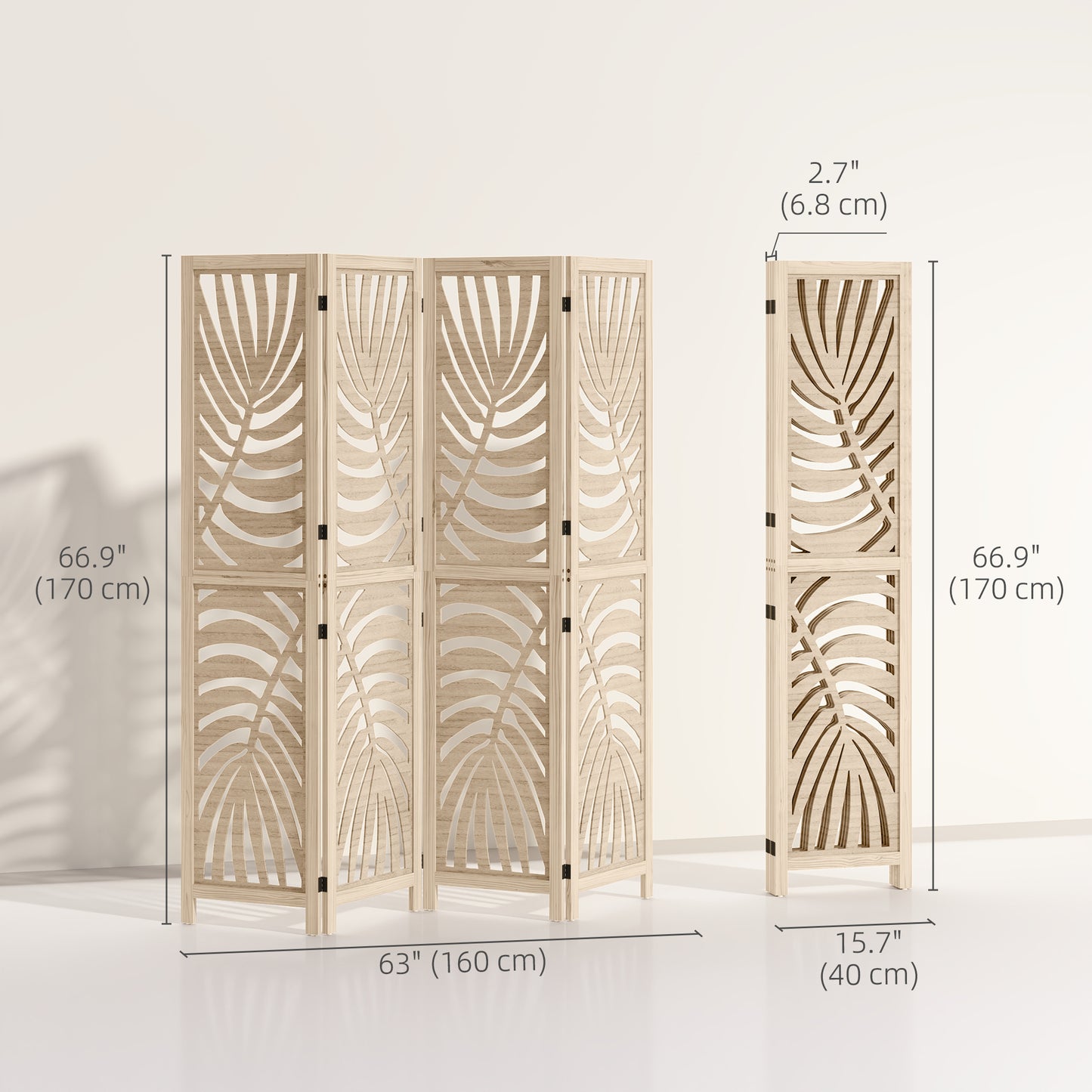 HOMCOM 4 Panel Room Divider, Detachable Folding Privacy Screens with Palm Leaf Design for Home Office, Natural Wood Finish