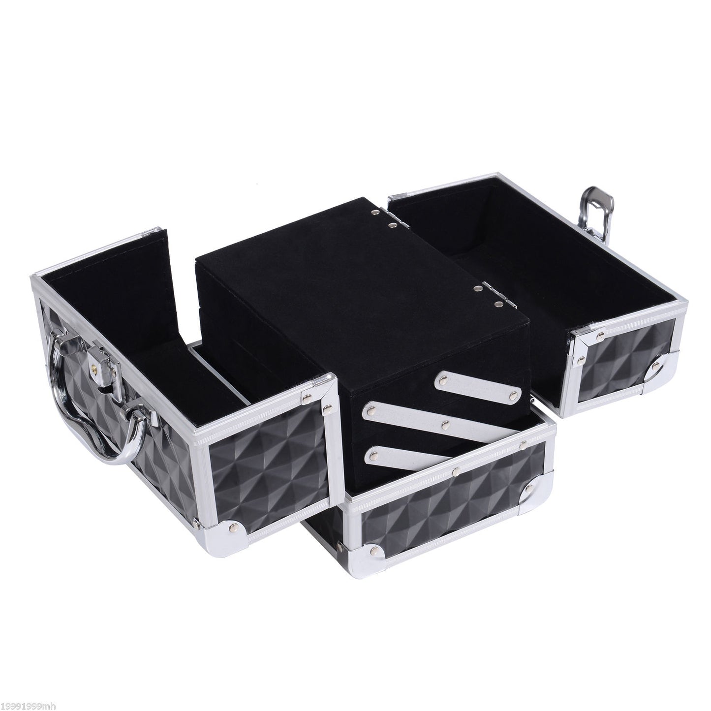 HOMCOM 3 Tier Diamond Texture Makeup Train Case Cosmetic Organizer with Mirror, Black