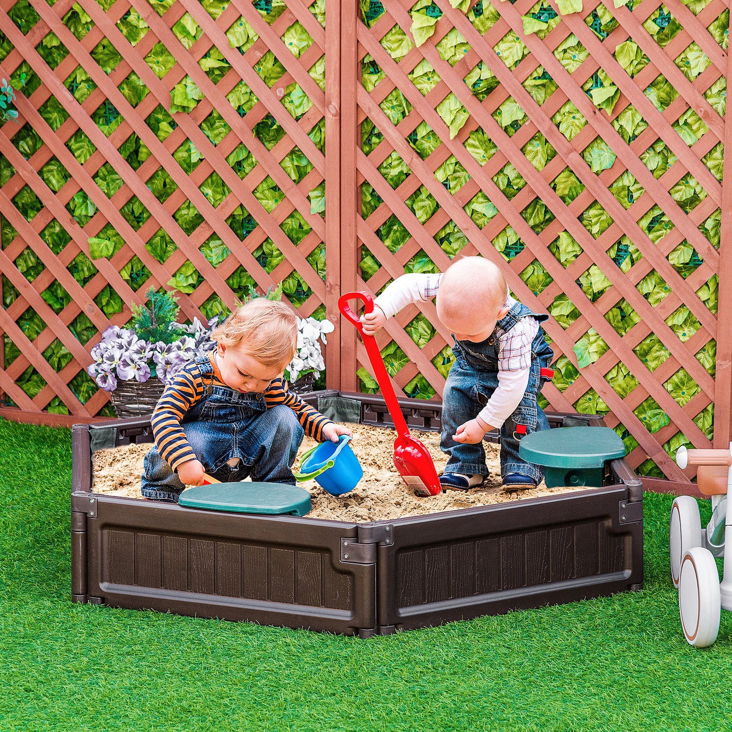 Outsunny DIY Kids Sandbox with Waterproof Oxford Cover, Sand Playset Station with Bottom Fabric Liner, for 3-12 Years Old, Outdoor Indoor Backyard, Brown