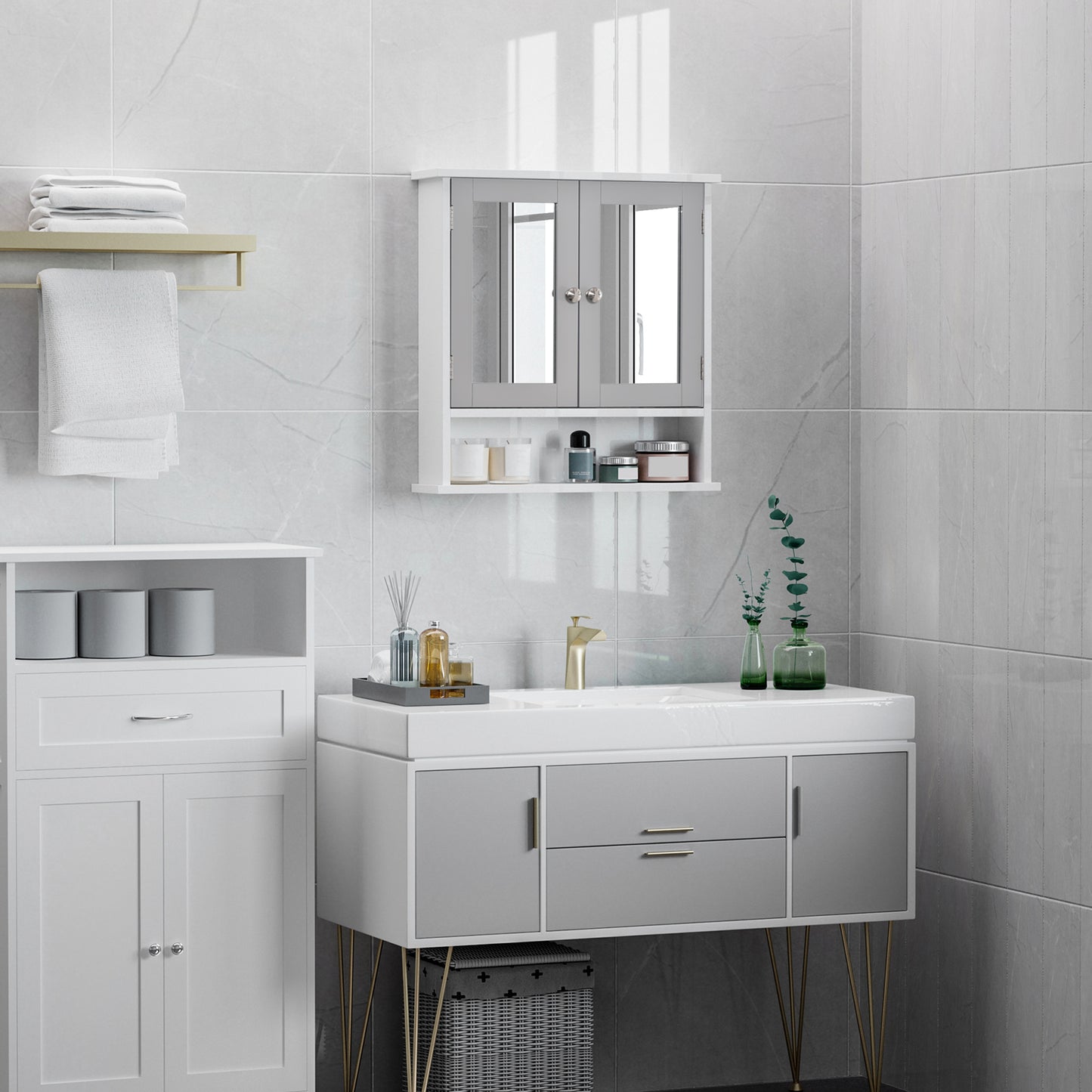 kleankin Medicine Cabinet, Wall-Mounted Bathroom Mirror Cabinet with Double Doors, Open Shelf, and Adjustable Shelf, Modern Bathroom Wall Cabinet, White and Grey