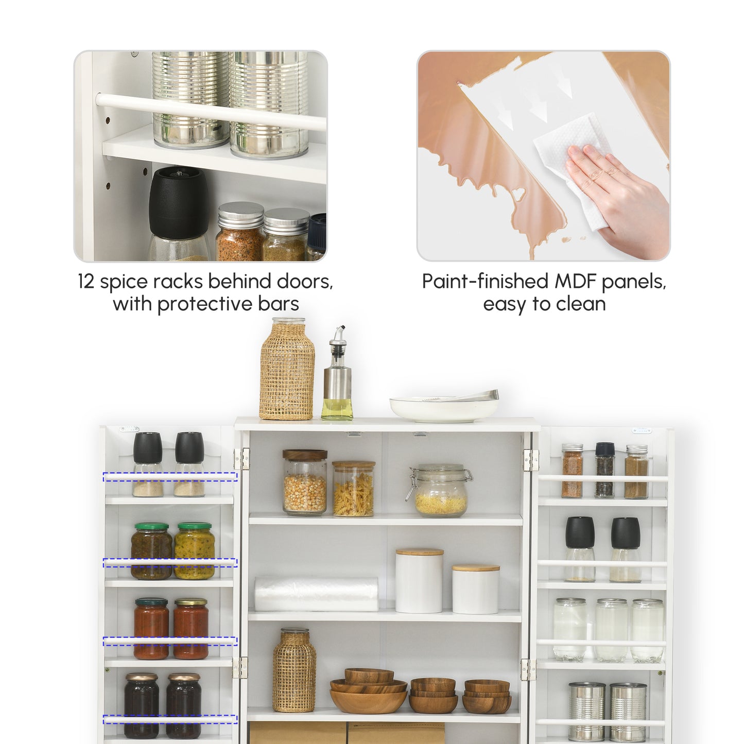 HOMCOM 41" Storage Cabinet, 2-Door Kitchen Pantry Cabinet with 5-tier Shelving, 12 Spice Racks and Adjustable Shelves, Grey