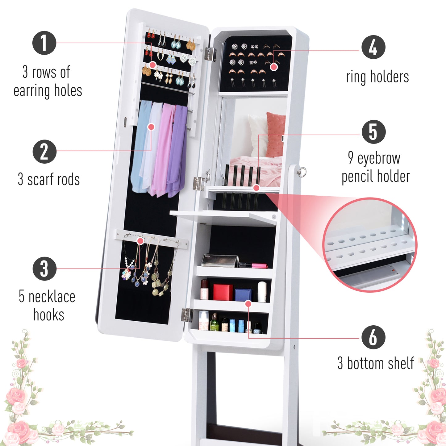 HOMCOM Freestanding Mirror Jewelry Cabinet Armoire, LED Lighted Jewelry Organizer with Stand, Angle Adjustable, White
