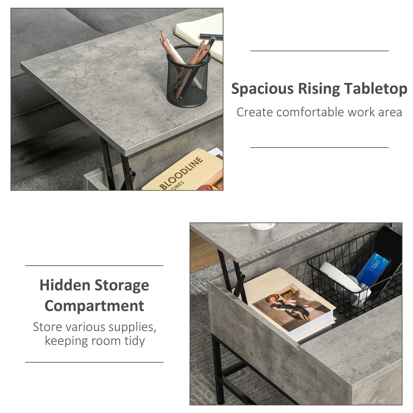 HOMCOM Lift Top Coffee Table with Hidden Storage Compartment Lift Tabletop Center Table for Living Room, Grey