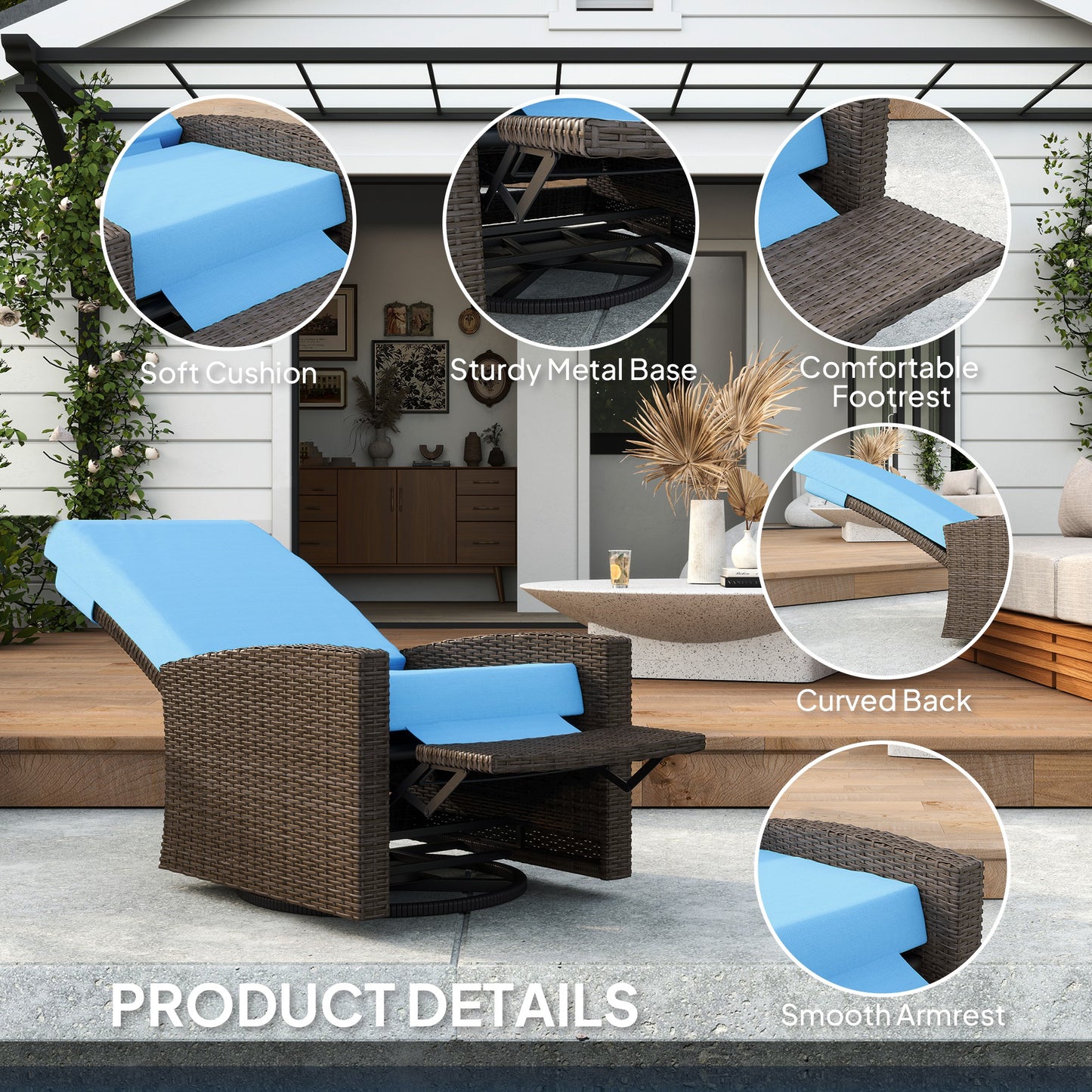 Outsunny Outdoor Rattan Wicker Lounge Chair with Footrest & Soft Cushion for Patio, Garden, Backyard, Sky Blue