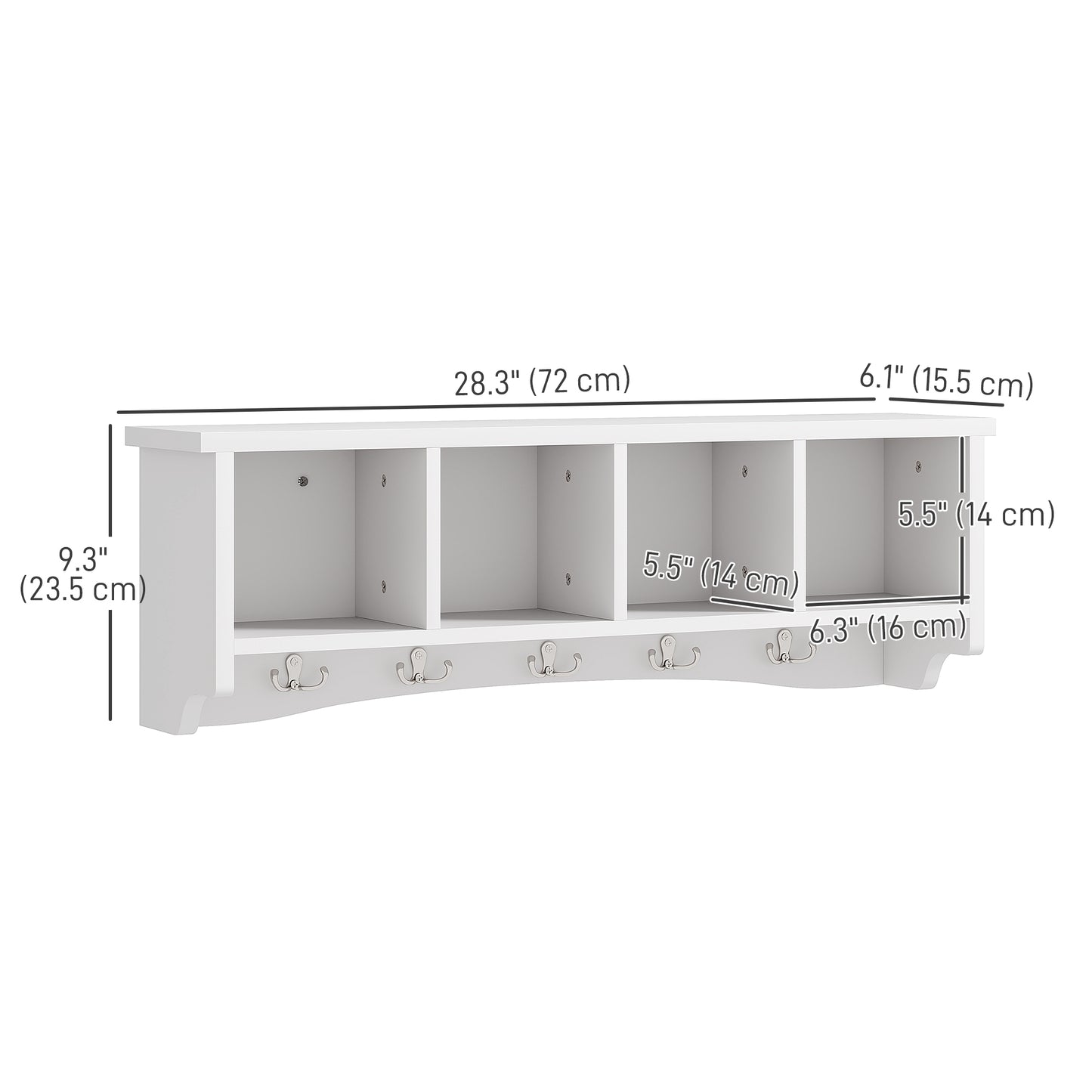 HOMCOM Coat Rack Wall Mount with Shelf, 28" Wall Coat Rack with 5 Hooks and 4 Compartments for Living Room, Entryway, White