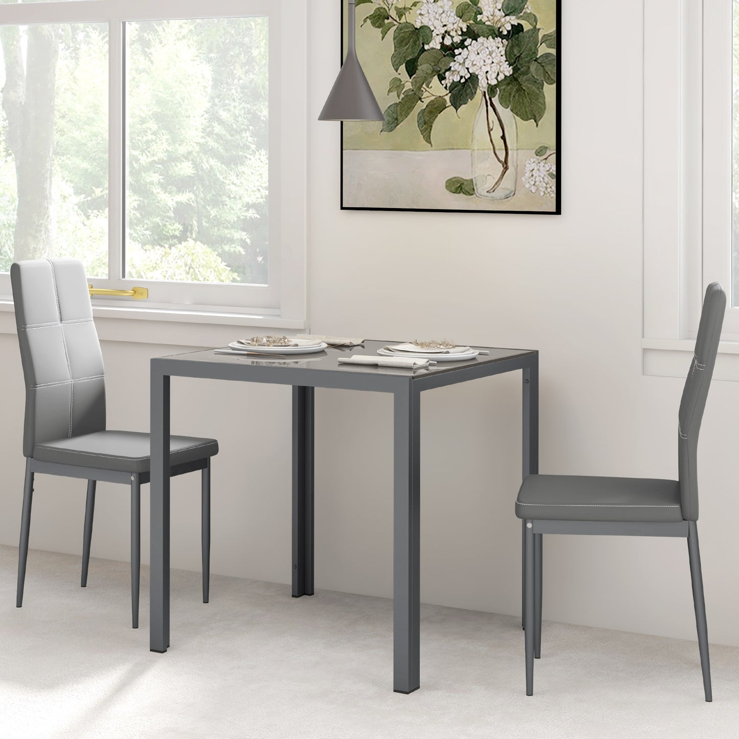 HOMCOM 5-Piece Rectangular Glass Kitchen Table and Chairs with Metal Frame and Faux Leather Upholstery for Dining Room, White