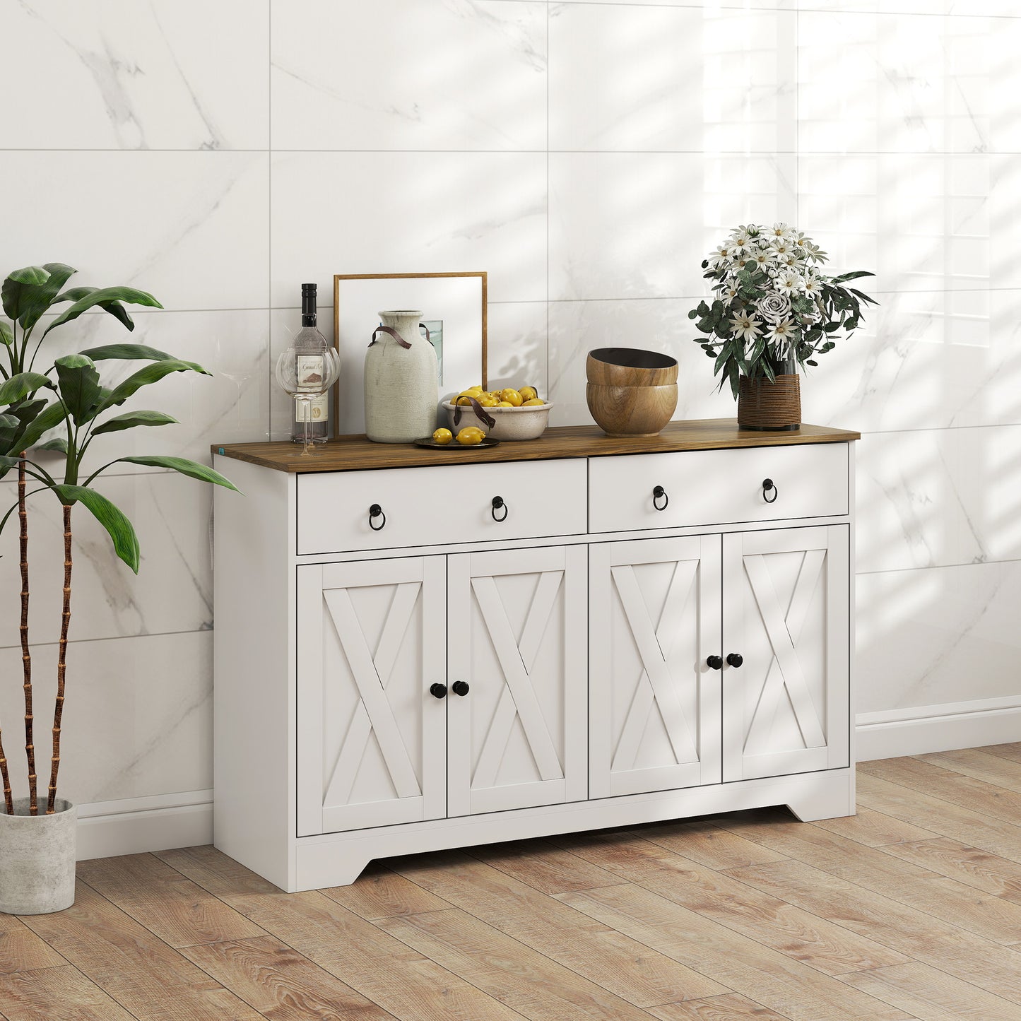 HOMCOM Kitchen Sideboard Cabinet with 2 Drawers, 4 Barn Doors and 2 Adjustable Shelves, Buffet Table for Living Room, White