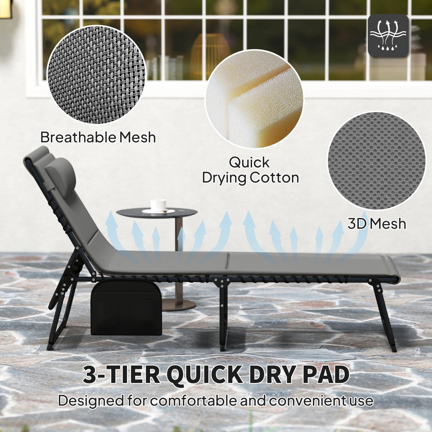 Outsunny Folding Chaise Lounge Chair Set of 2, Reclining Outdoor Lounge Chair Set with Quick Drying Pad Headrest Side Pocket, Tanning Chair Set for Beach Garden Pool, Light Grey
