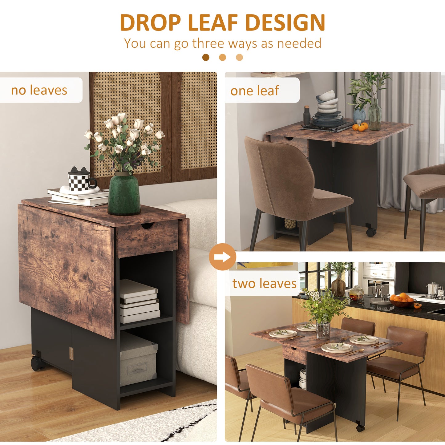 HOMCOM Folding Dining Table, Space Saving Drop Leaf Table with Drawer and Storage Shelves for Kitchen, Dining Room, Oak