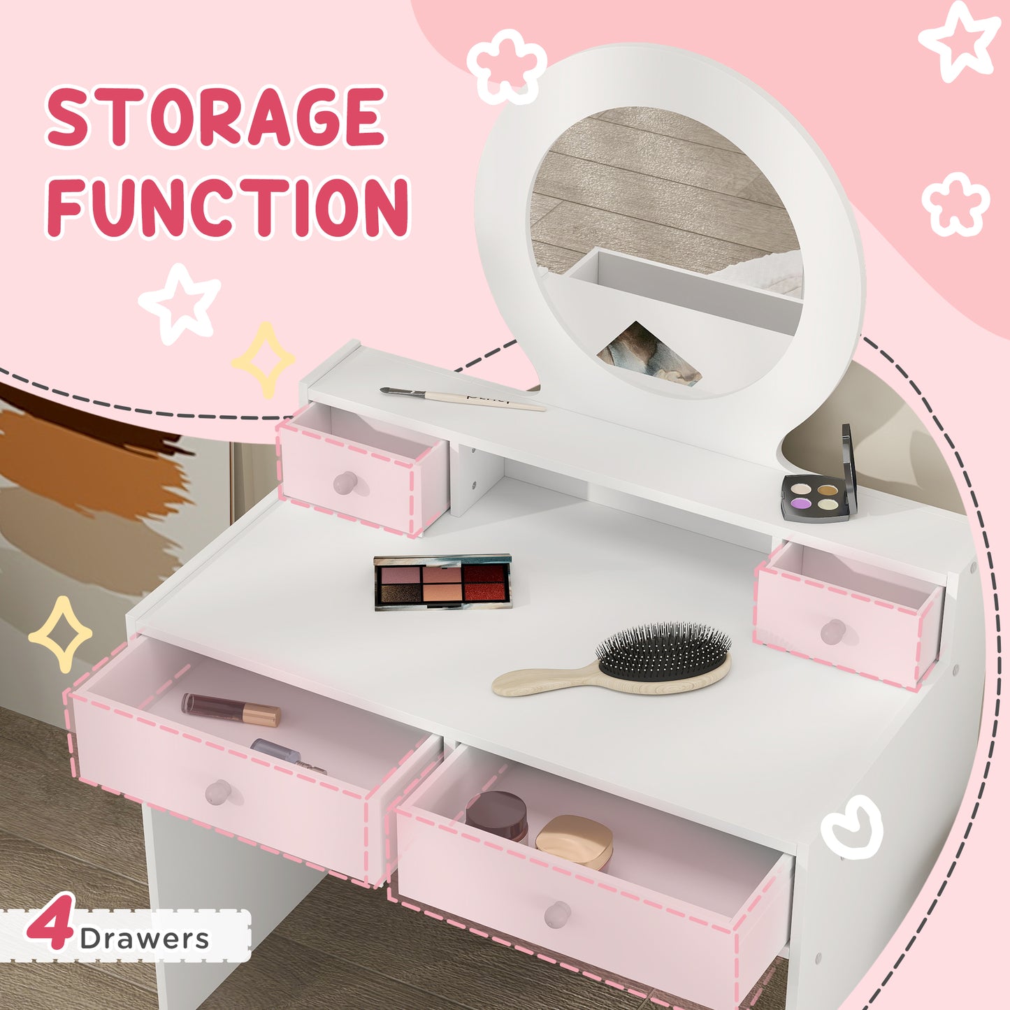 Qaba Kids Vanity Set, Dual-Use Dressing Table with Removable Tri-Folding Mirror and Drawer, for Ages 3-8, Pink