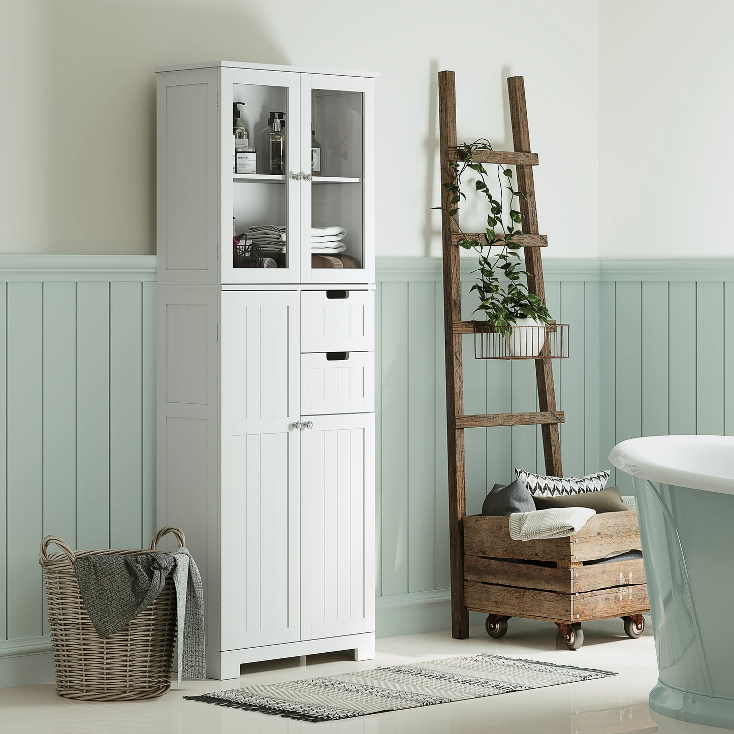 HOMCOM Tall Bathroom Storage Cabinet, Floor Bathroom Cabinet with Adjustable Shelves, for Kitchen, Living Room, White