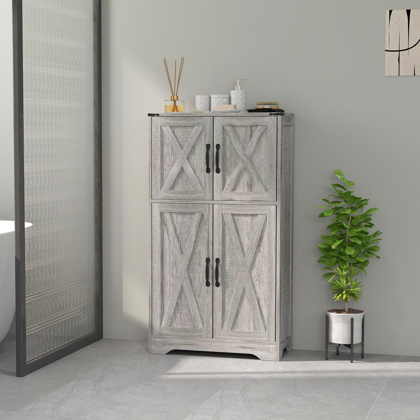 HOMCOM Farmhouse Kitchen Pantry, Freestanding Kitchen Pantry Storage Cabinet with Barn Doors and Adjustable Shelves, Grey