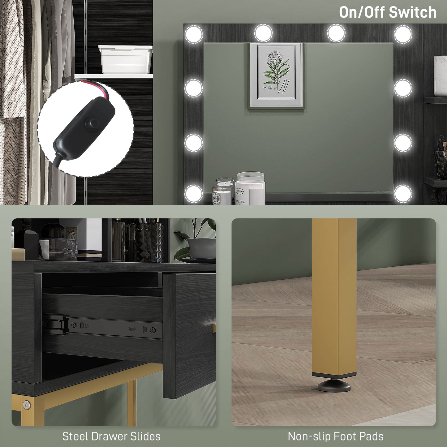 HOMCOM Illuminated Dressing Table, LED Vanity Table with Mirror, 3 Drawers and Storage Shelves for Bedroom, Black