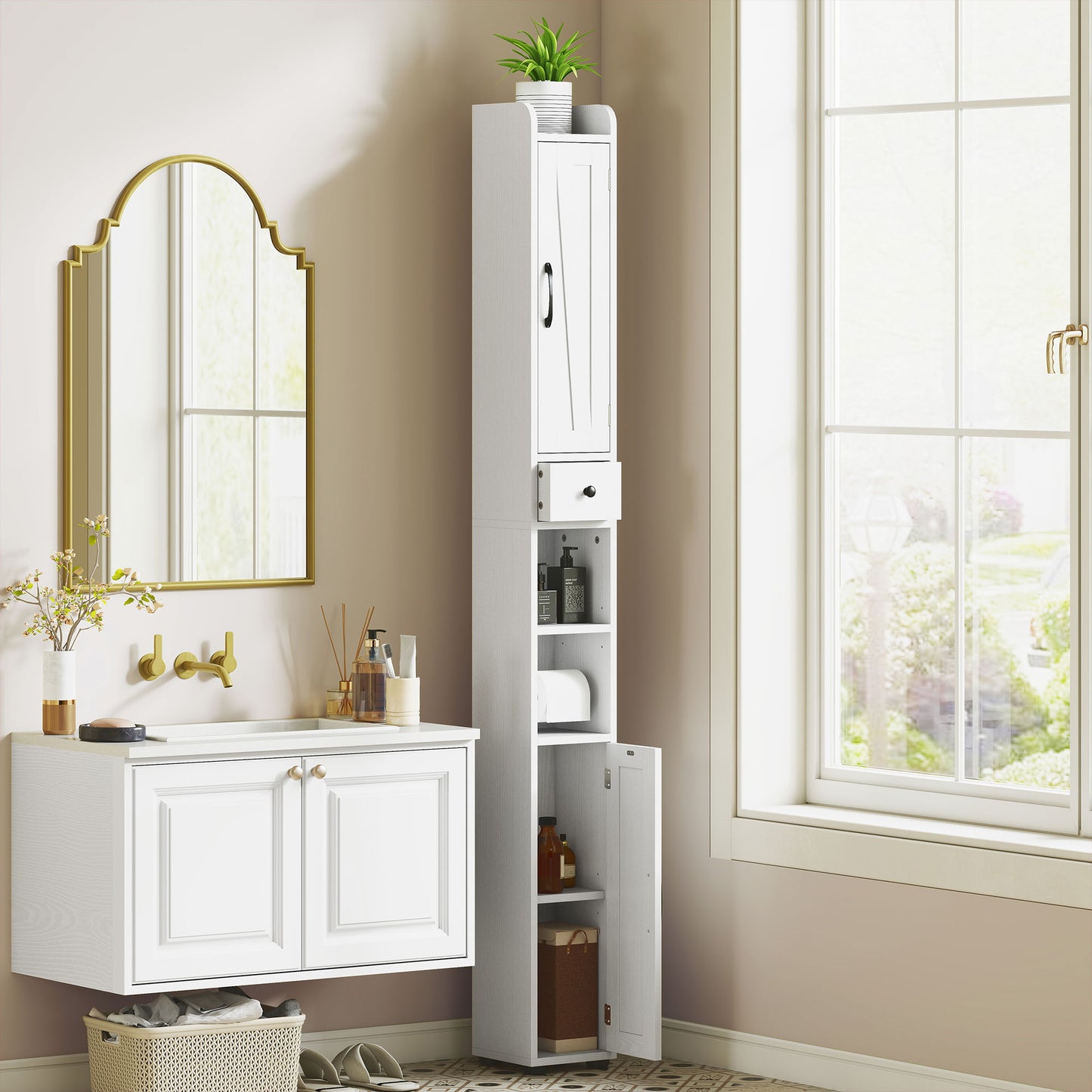 HOMCOM Narrow Bathroom Cabinet, Tall Bathroom Storage Cabinet with Barn Doors, Drawer and Adjustable Shelves, Brown Wood Grain