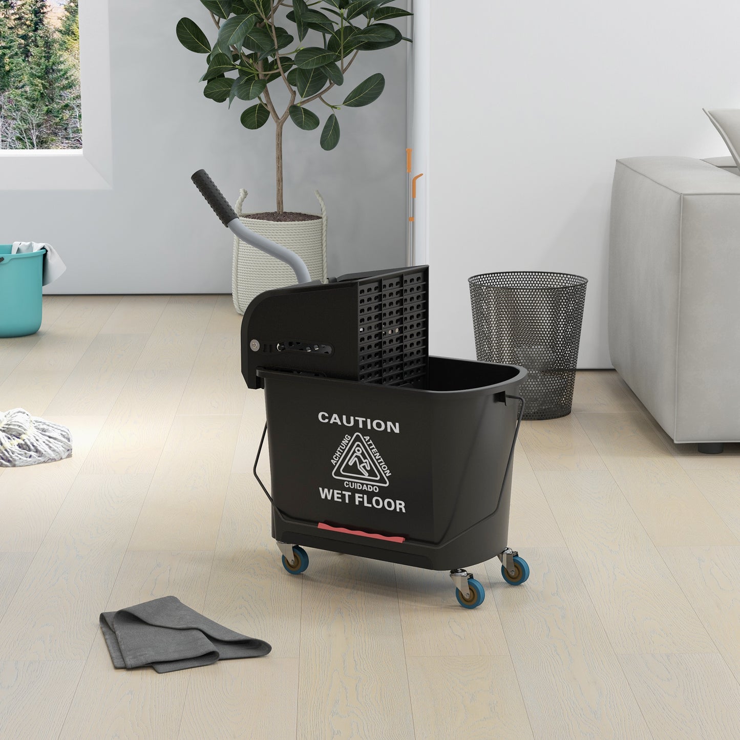 HOMCOM Compact Mop Bucket with Wringer, Mop Bucket on Wheels, 5 Gallon, Separate Dirty and Clean Water, Yellow