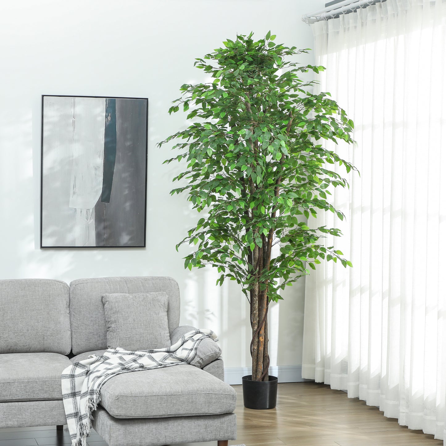 HOMCOM 8ft Tall Artificial Tree, Silk Ficus Tree with 2520 Leaves in Pot, Fake Plant for Home Office Decor