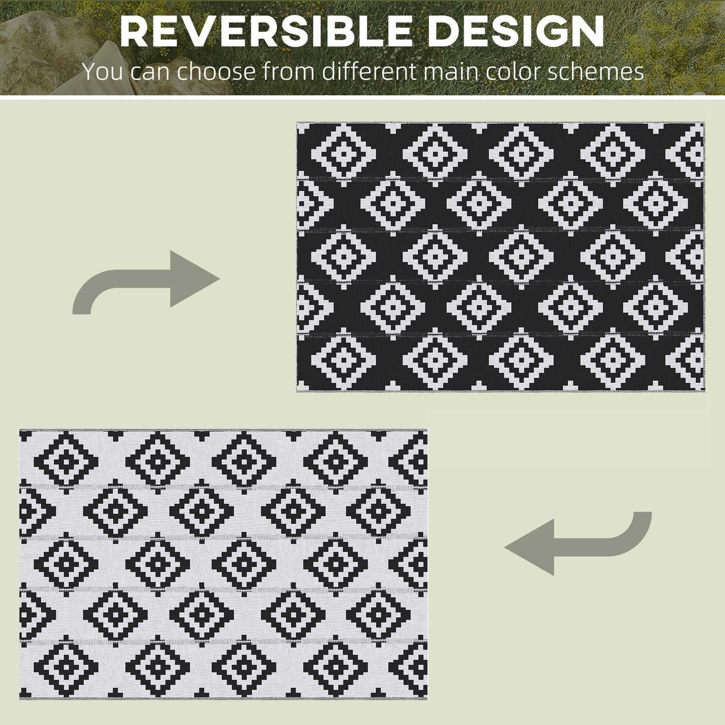 Outsunny Reversible Outdoor RV Rug, Patio Floor Mat, 6' x 9' Plastic Straw Rug for Backyard, Deck, Beach, Camping, Black & White