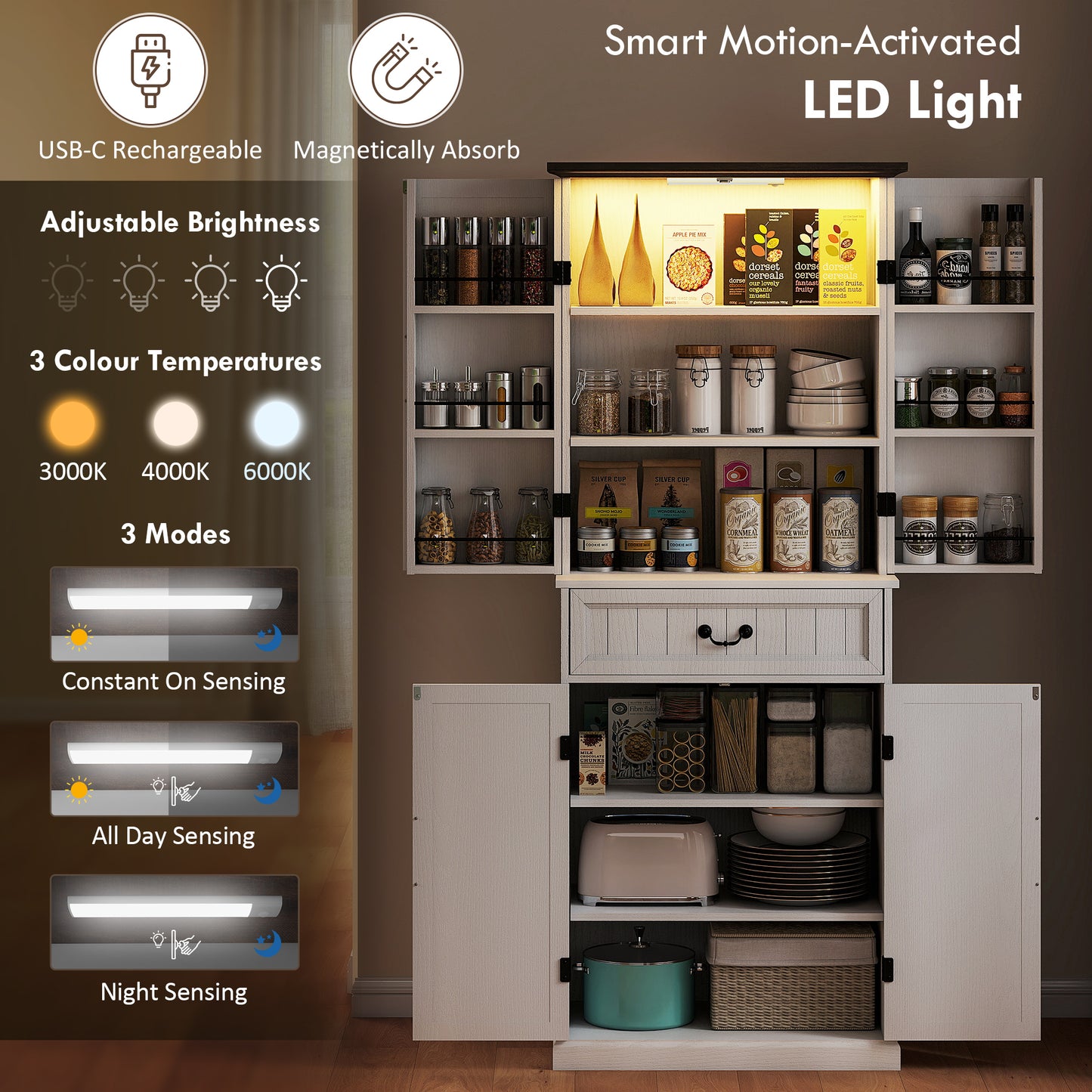 HOMCOM 71" LED Kitchen Pantry Cabinet, Farmhouse Storage Cabinet with Door Shelves, Distressed Brown